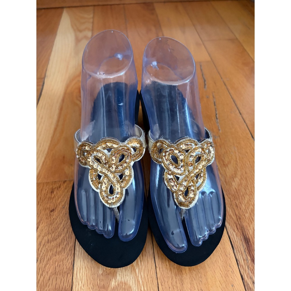 Women's Gold Embellished Wedge Sandals Flip Flops Size 5.5